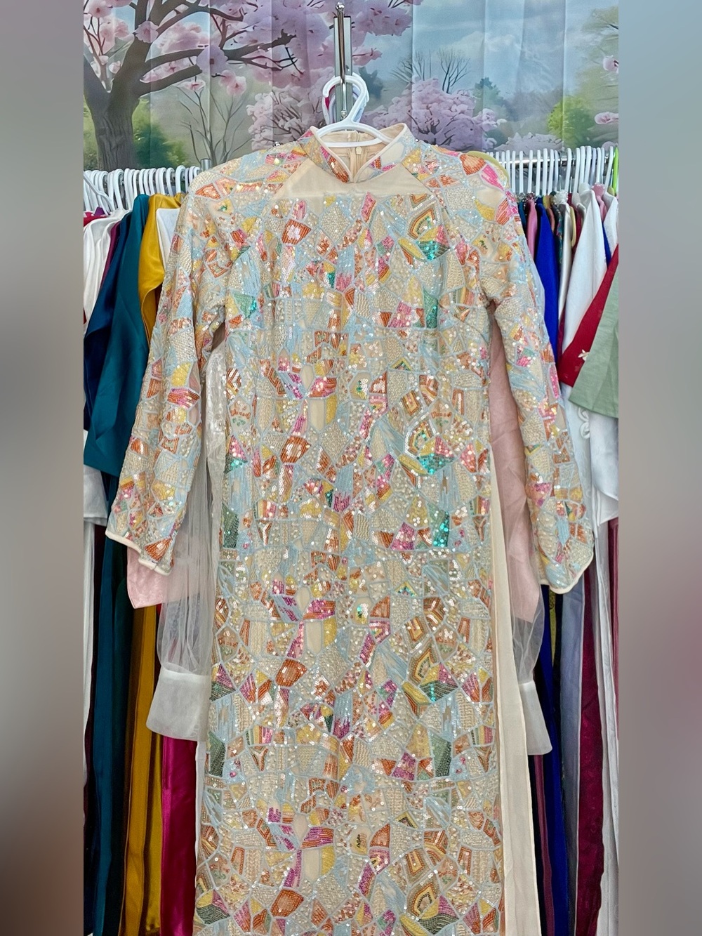 Ao dai suông kim sa sequin Vietnamese traditional long dress set l 4 pink cream - Picture 5 of 5